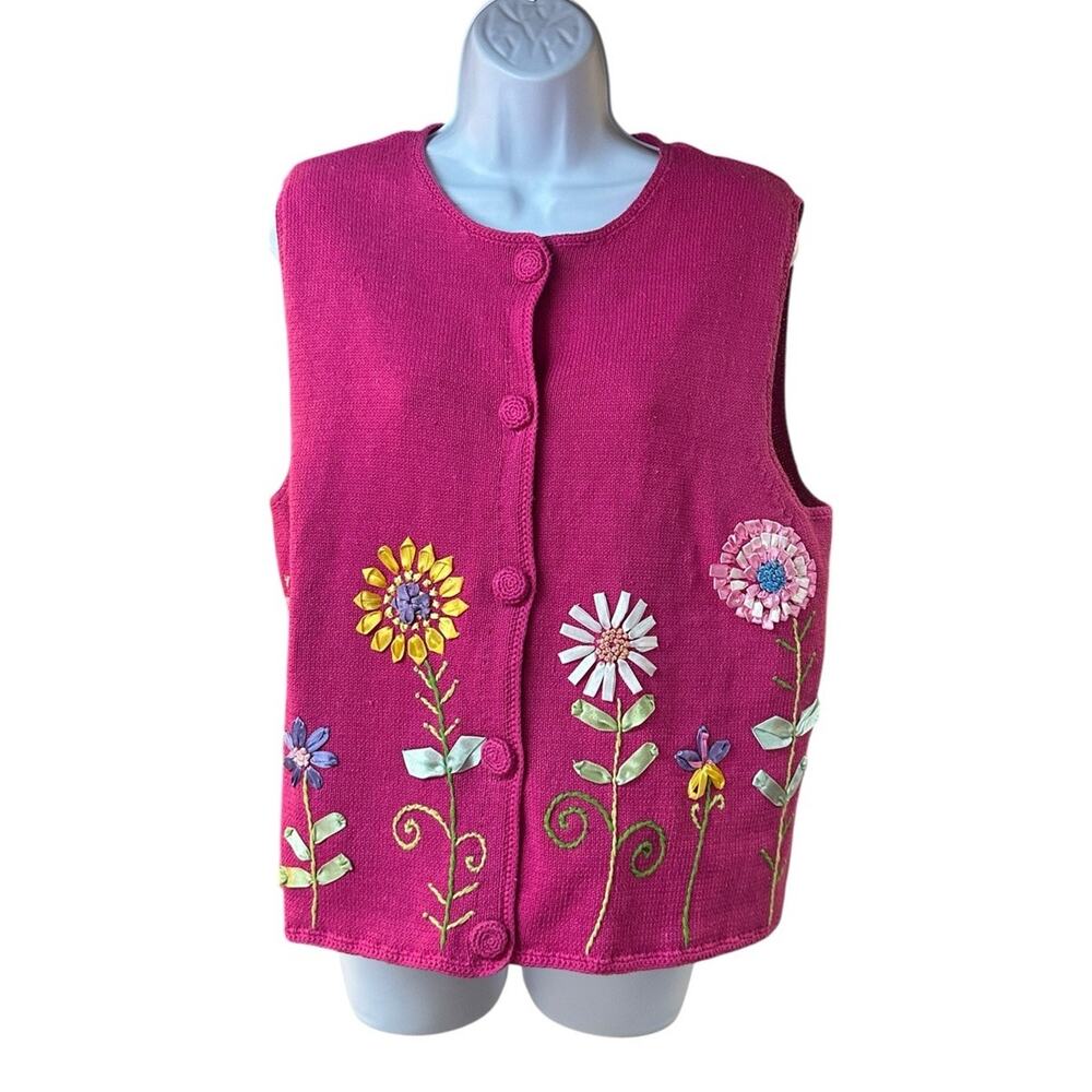 BellePointe Pink Floral Appliqué Sweater Vest L Ramie Cotton NWT Cottagecore